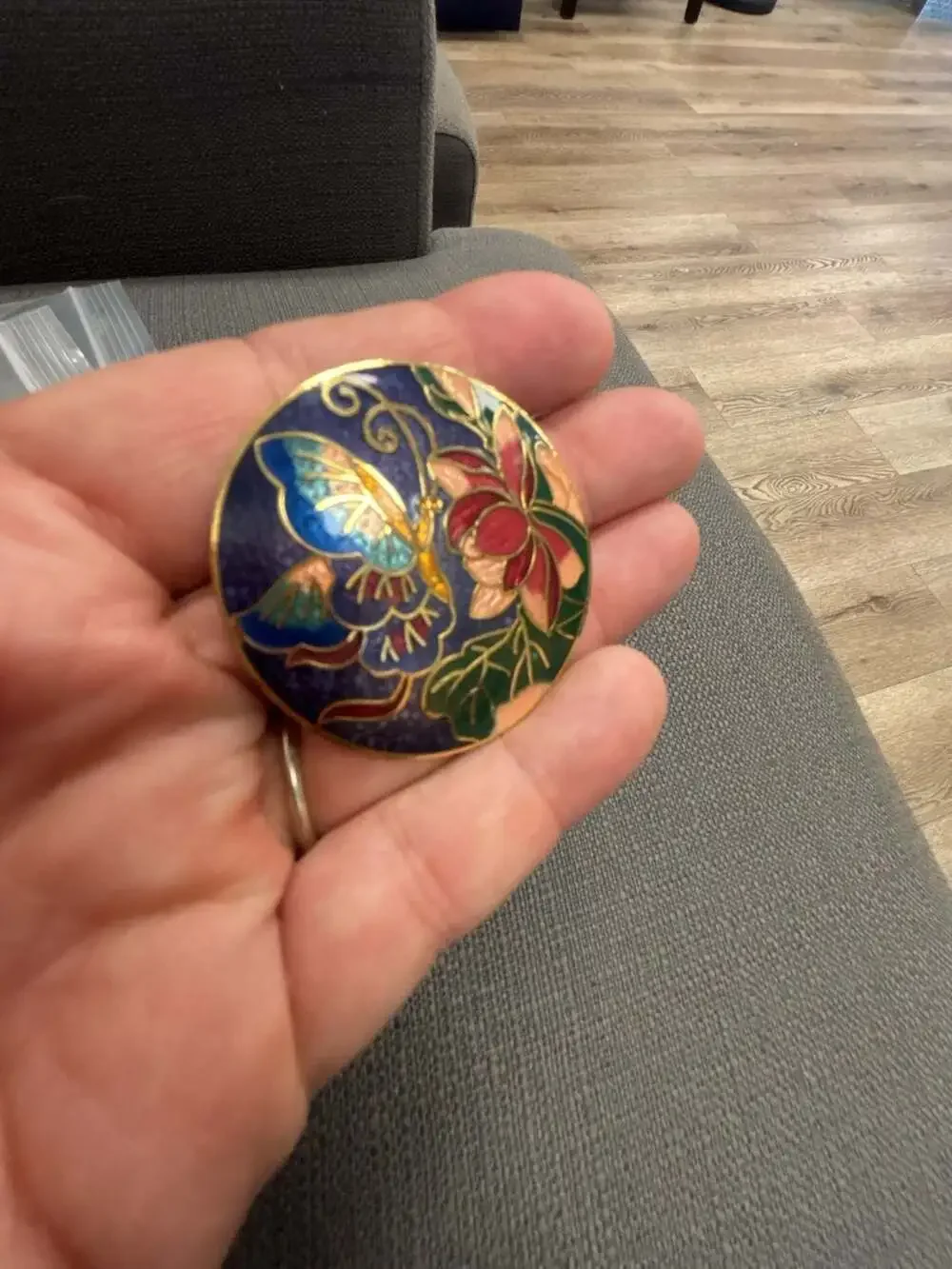 Vintage Round Cloisonne Butterfly and Floral Enamel Brooch Pin